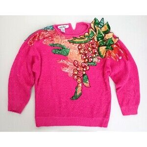 VTG Cristina Hot Pink Silk Angora Lambswool Sweater Sequin Pearl Bead Applique